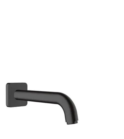 Schwarzer Wanneneinlauf von Hansgrohe mit gerader Form und quadratischer Wandhalterung. Das Design ist schlicht und modern.